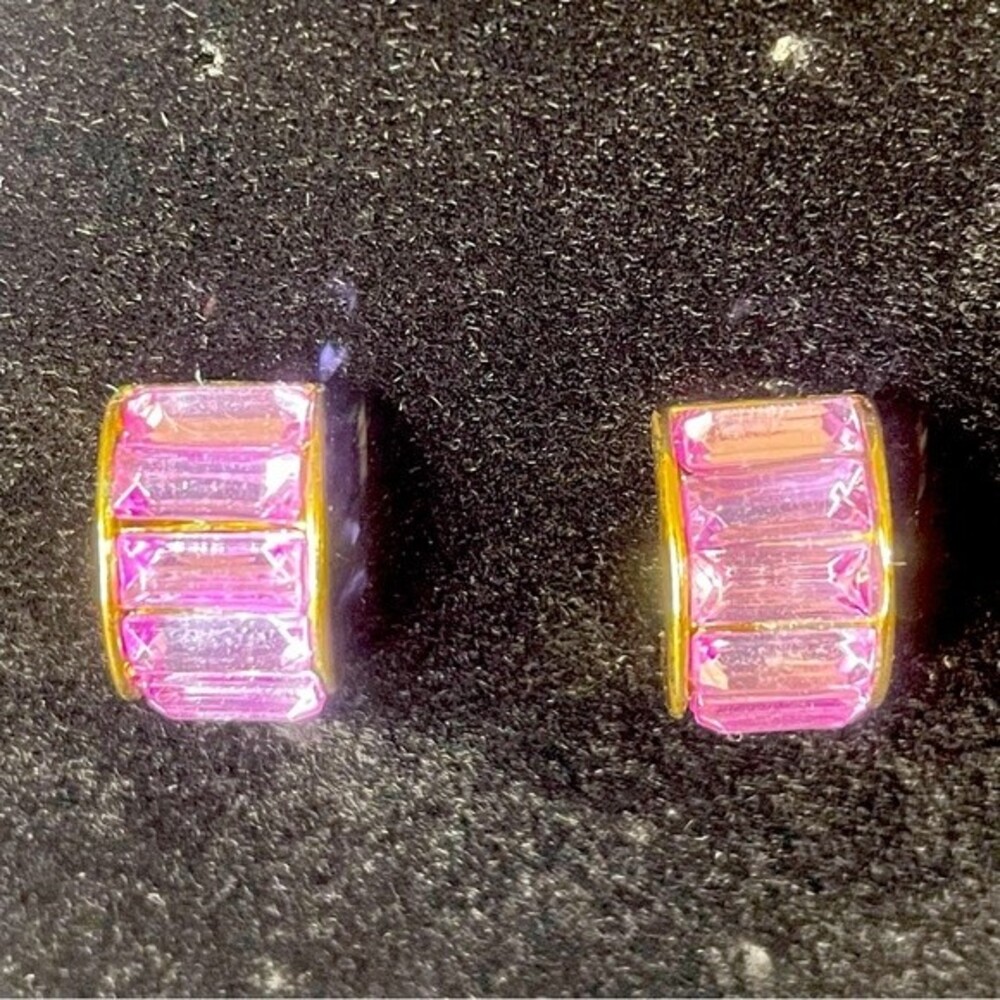 Gold cuff earrings w lilac rectangle gemstone embellishment